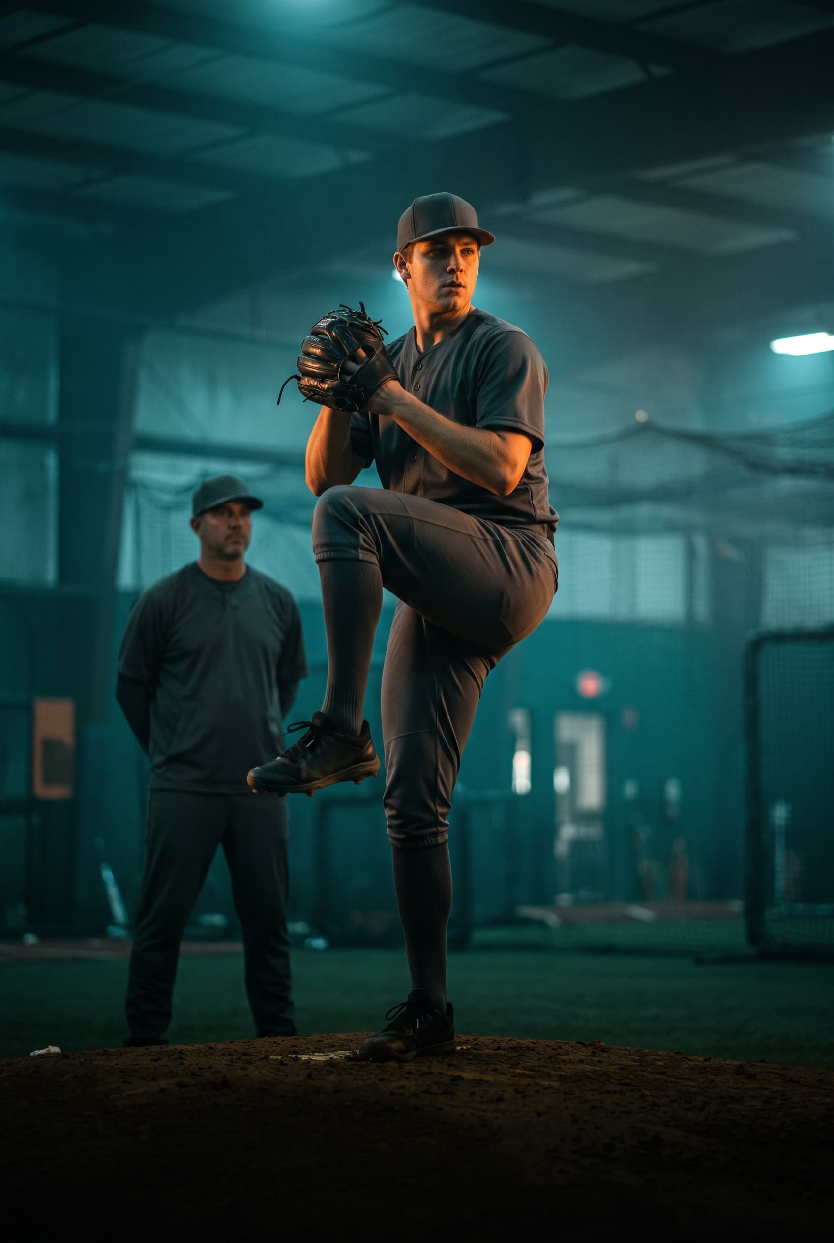 Pitcher mid-windup in an indoor bullpen with a coach watching