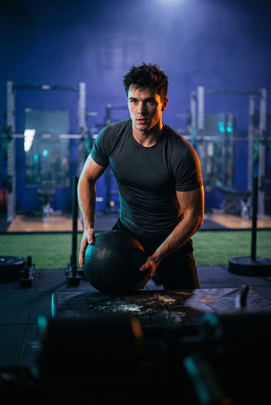 Athlete training with a medicine ball in the gym